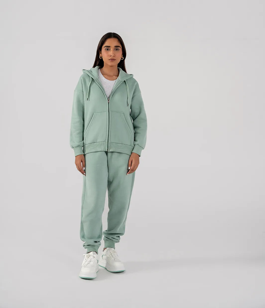 Ladies Fleece Zipper Hoodie (Light Teal)