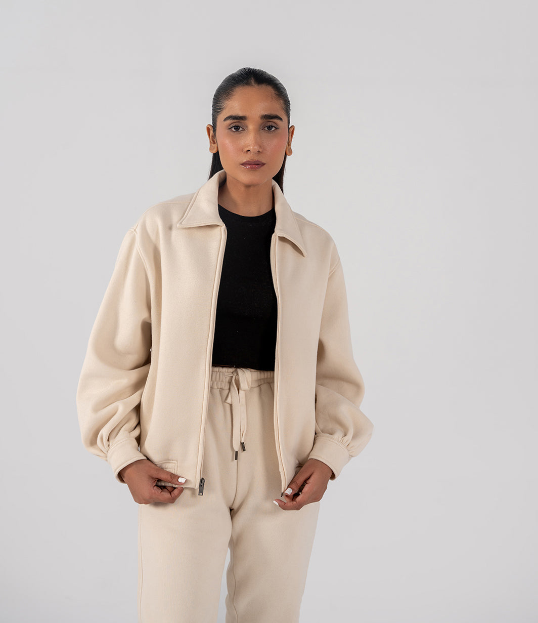 Ladies Collar Zip Jacket (Ivory)