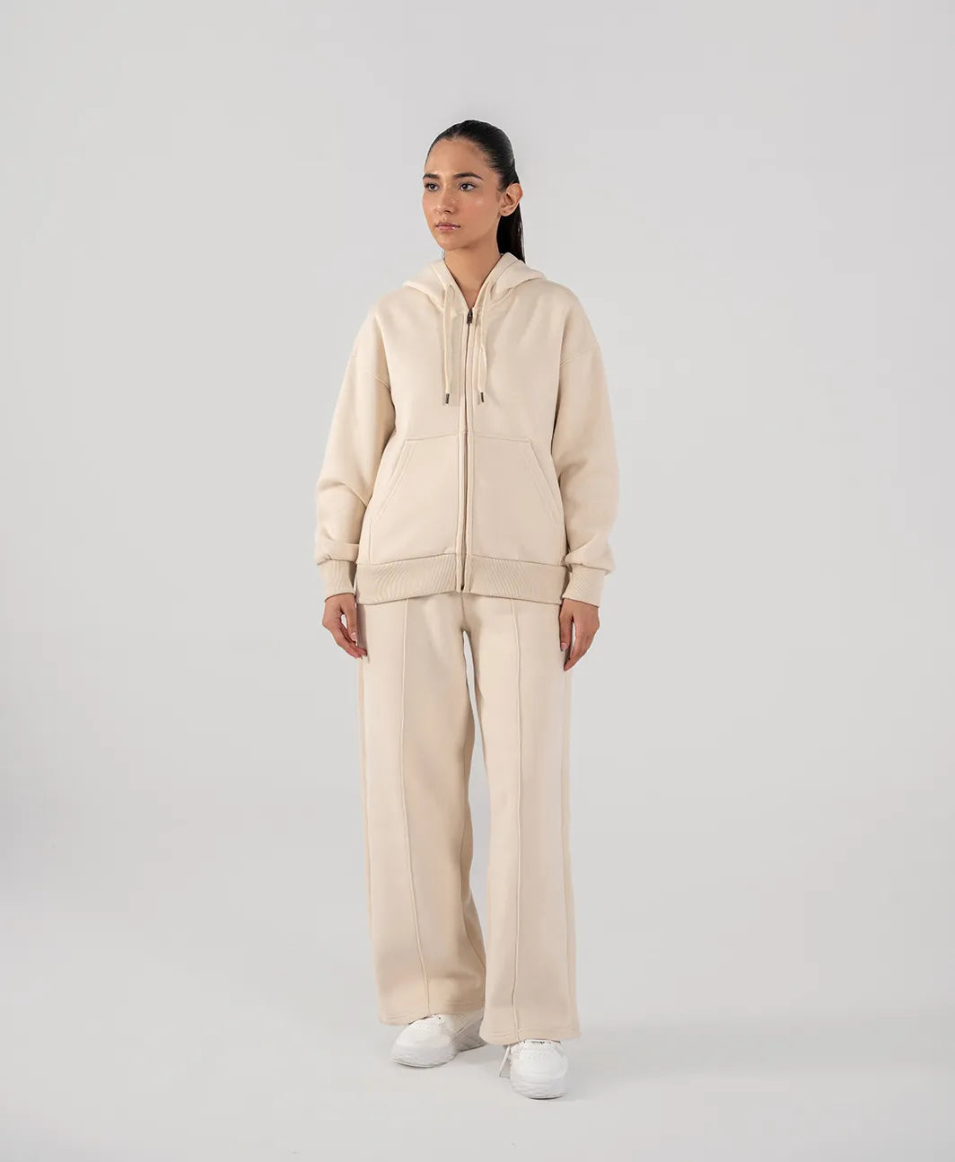 Ladies Fleece Zipper Hoodie (Ivory)