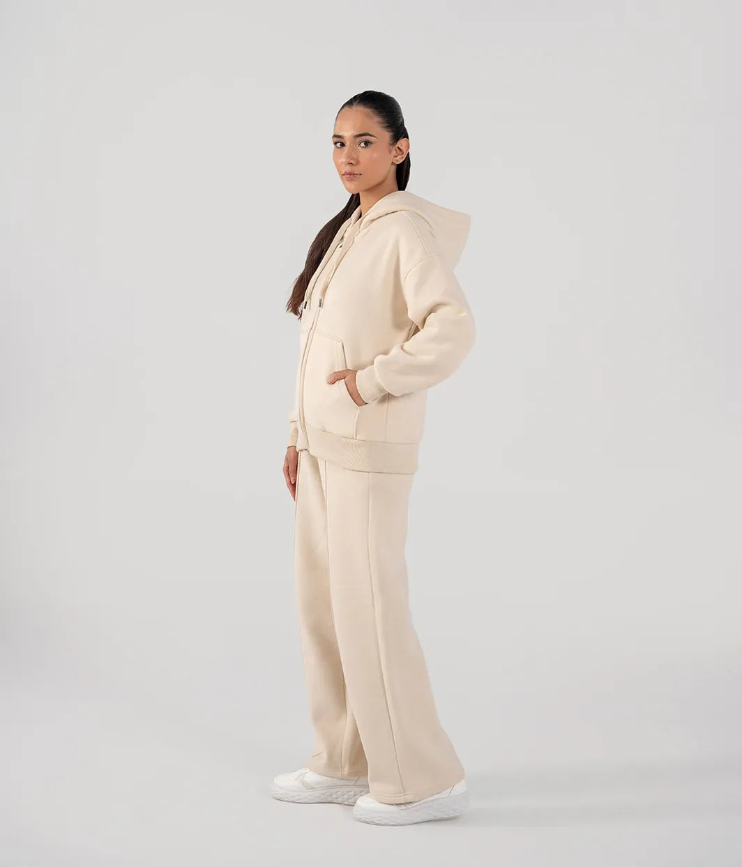 Ladies Fleece Zipper Hoodie (Ivory)