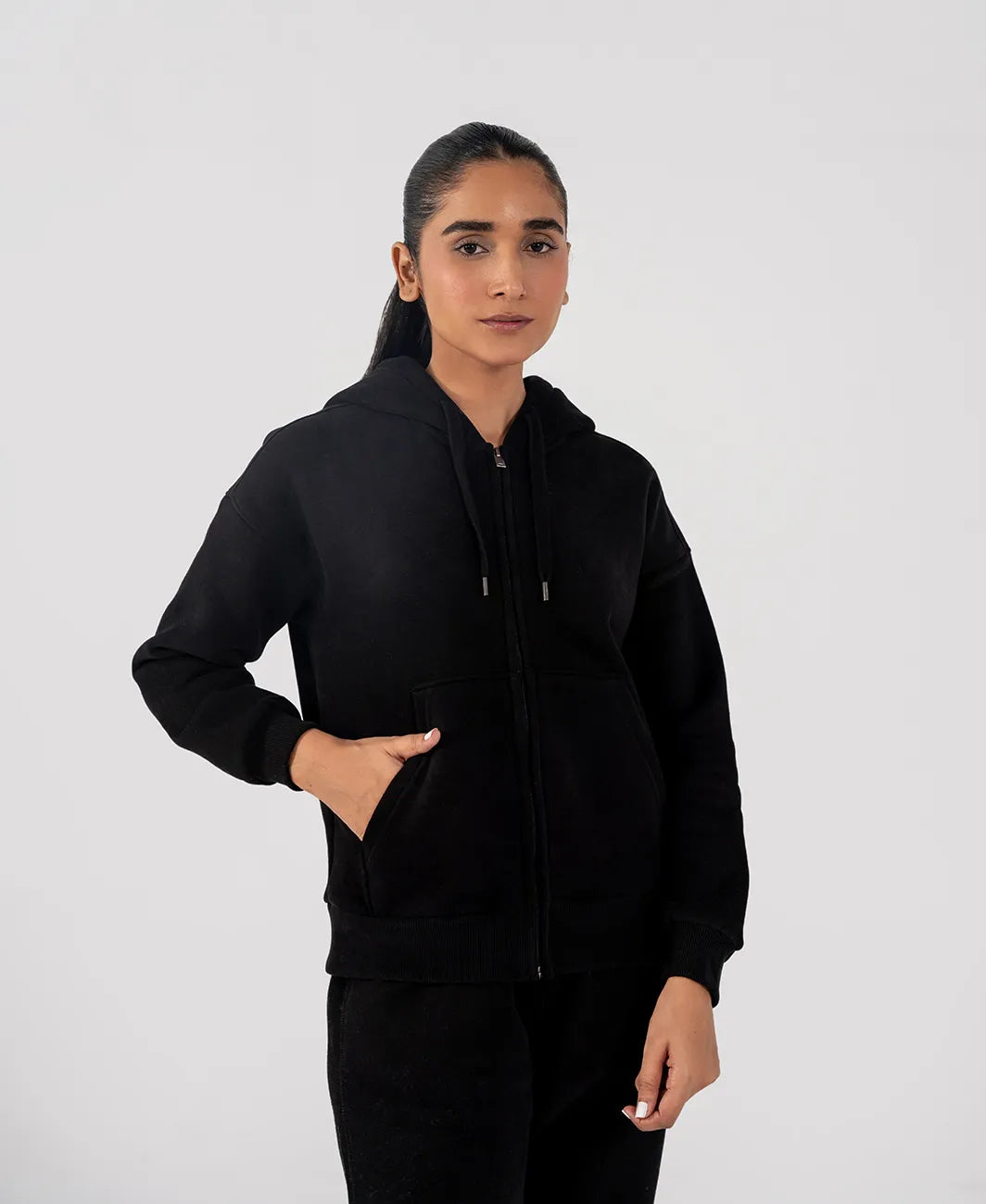 Ladies Fleece Zipper Hoodie (Black)