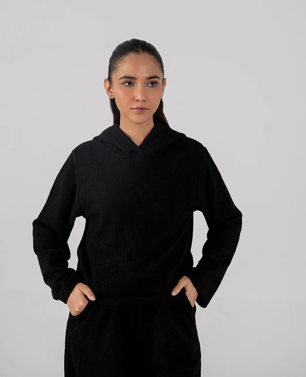 Ladies Slub Terry Hooded Sweatshirt & Trouser (Black)