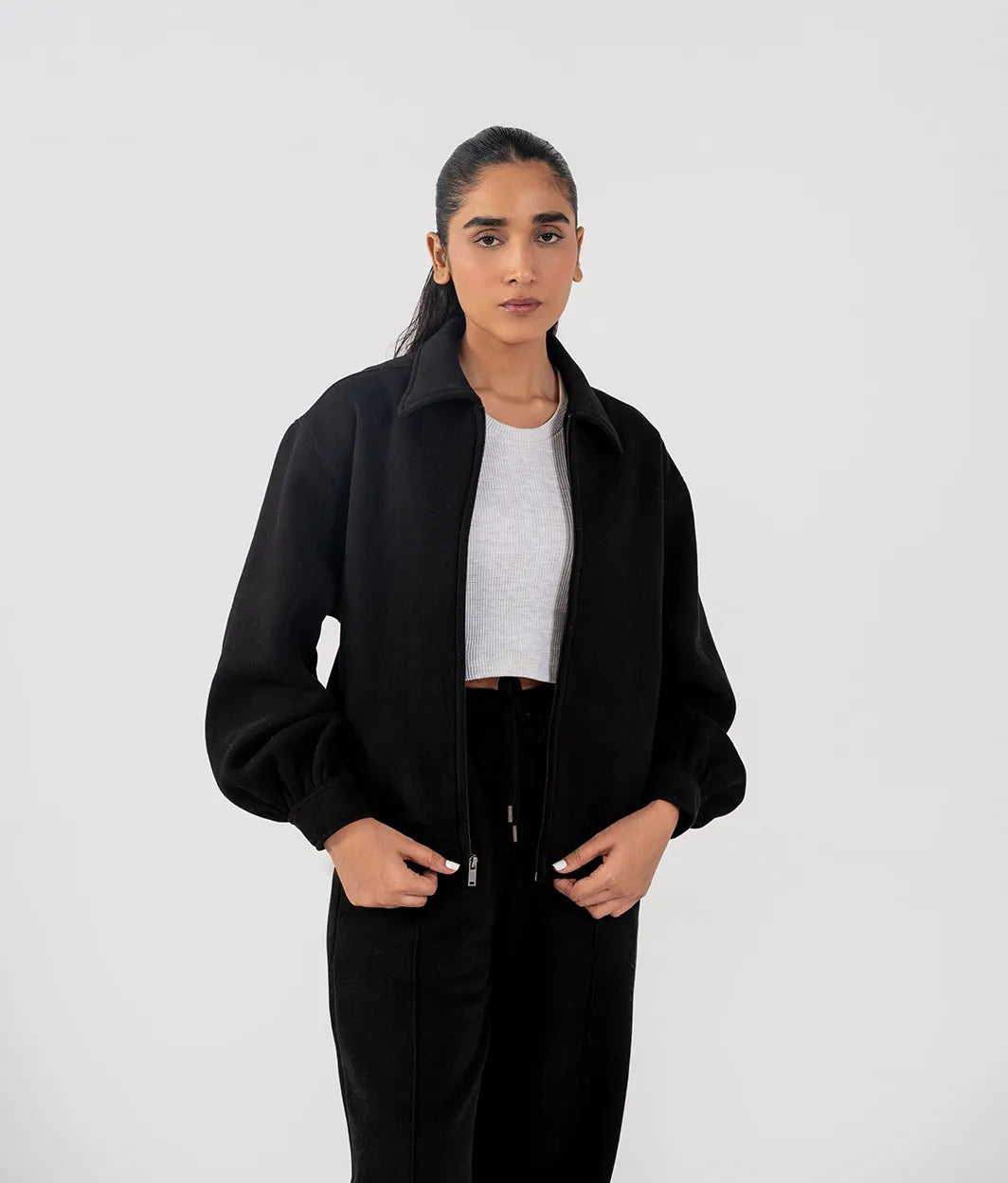 Ladies Collar Zip Jacket (Black)