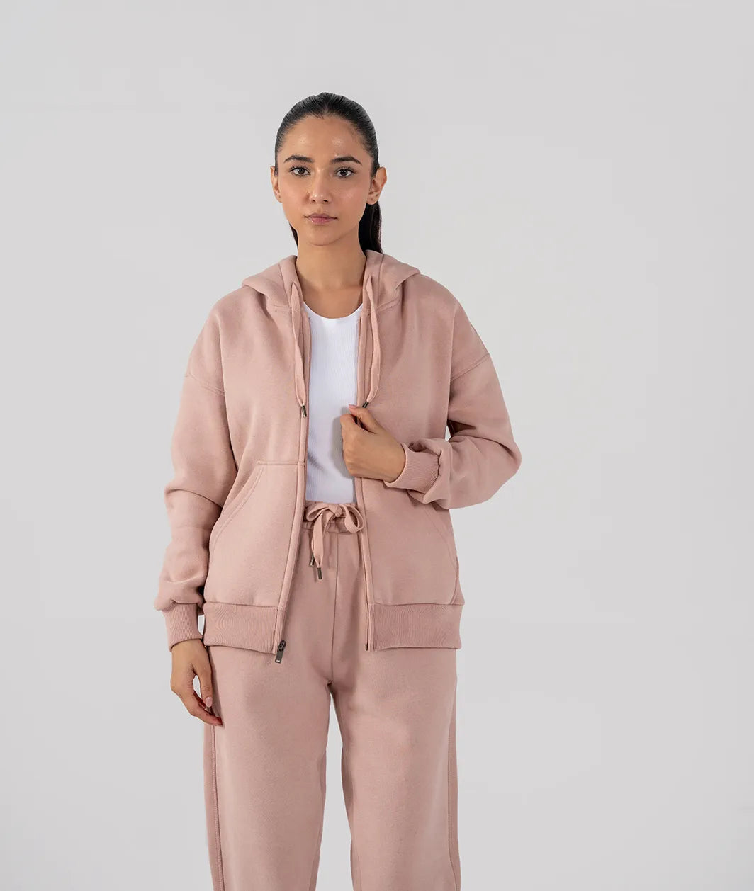 Ladies Fleece Zipper Hoodie (Pastel Pink)