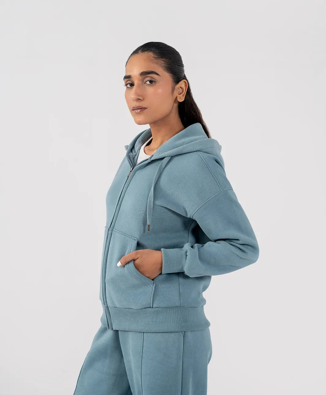 Ladies Fleece Zipper Hoodie (Steel Blue)