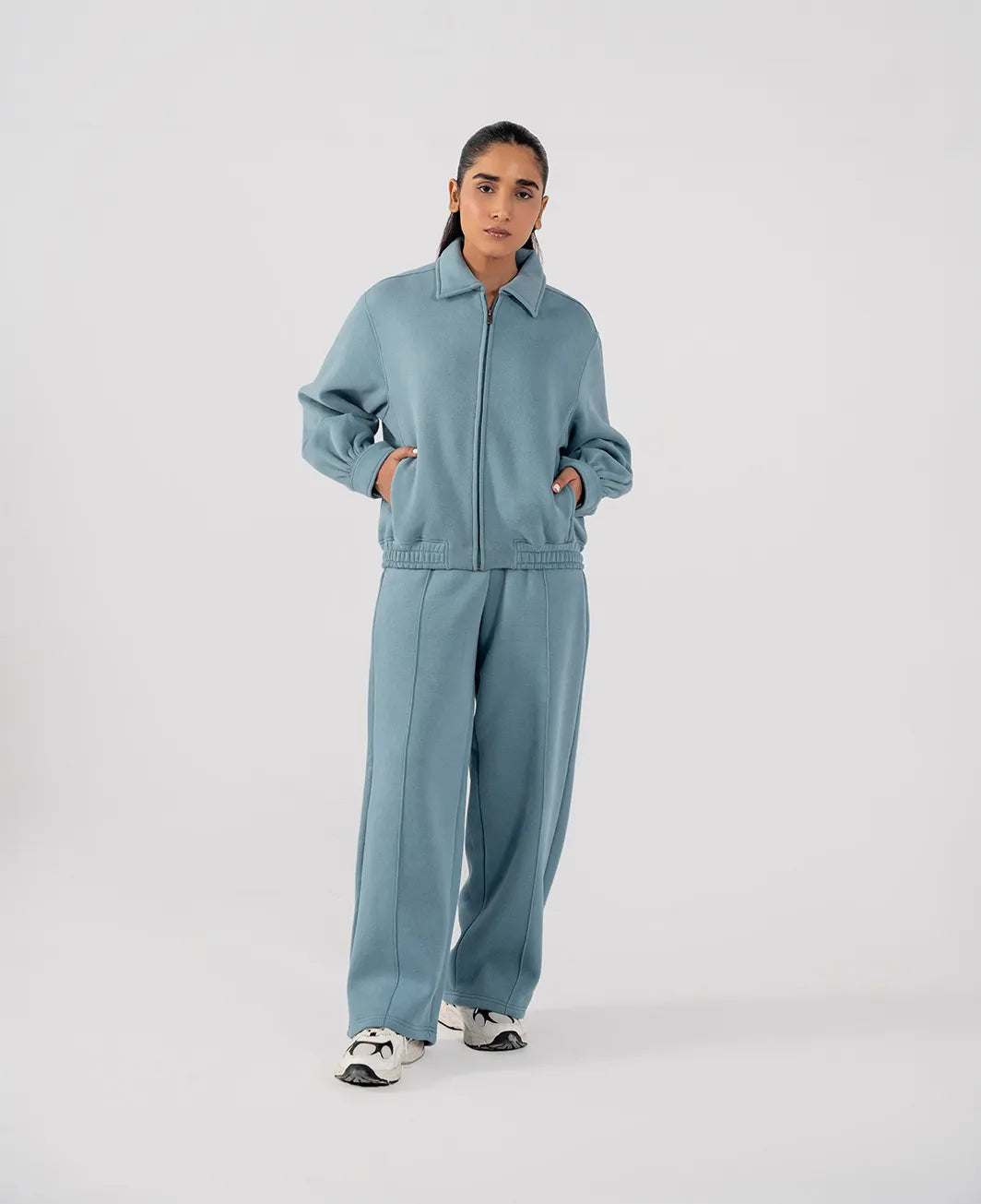 Ladies Collar Zip Jacket (Steel Blue)